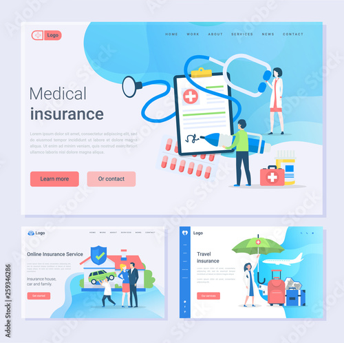 Medical and travel insurance and online service, safety set vector. House, car and family safe, doctor with contract of clipboard, paper with contract. Website or webpage template, landing page flat