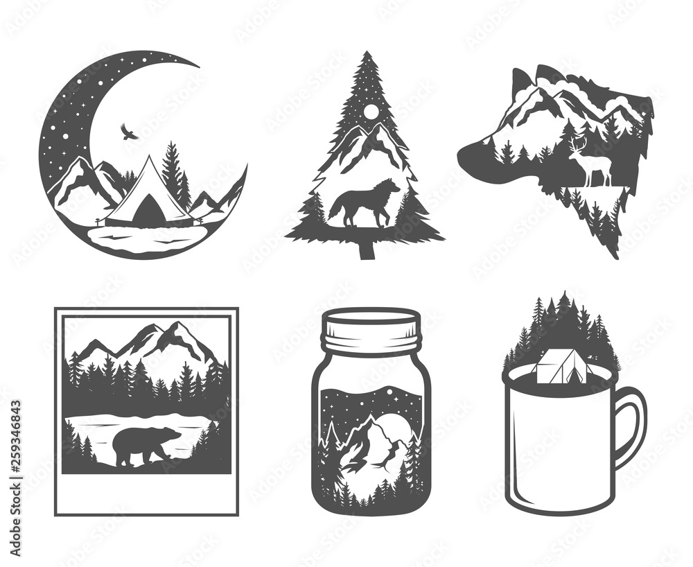 Double exposure. Wildlife concept. Hand drawn outdoor badges. Wild nature in black and white colors - obrazy, fototapety, plakaty 