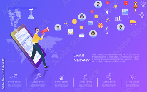 Business concept of marketing for banner and website templates Strategy and content management, analysis including marketing promotion, vector illustration.