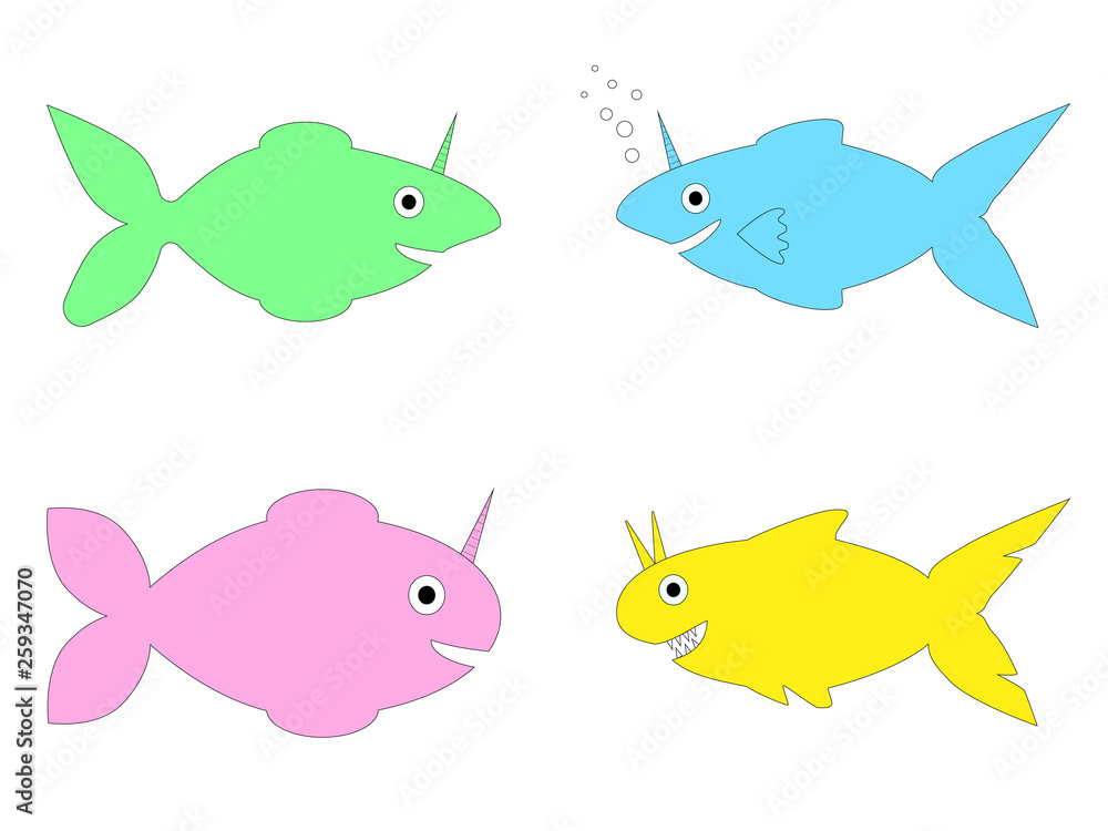 Set of funny fabulous fish sharks unicorns of different colors Set of funny fabulous fish sharks unicorns of different colors
