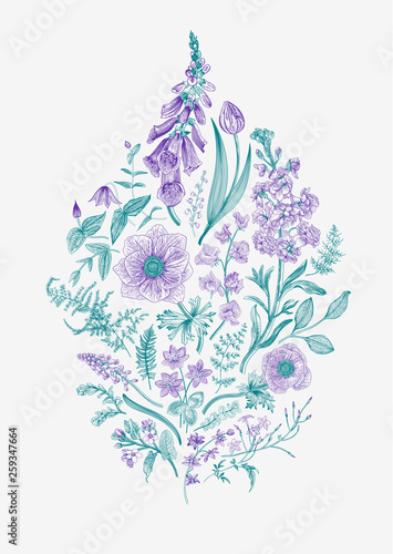 Spring magic. Floral composition. Vector vintage illustration. Violet and emerald.