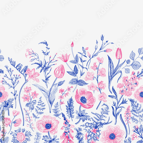 Spring magic. Seamless border. Vector vintage illustration. Blue and pink.