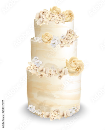 Wedding cake with flowers Vector watercolor. Vintage delicious white cake with decorations