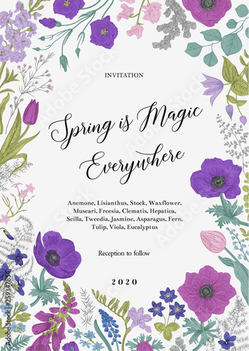 Spring magic. Invitation. Blue and purple flowers. Vector vintage illustration.