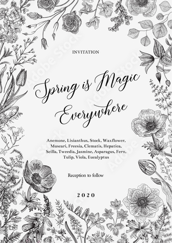 Spring magic. Invitation. Vector vintage illustration. Black and white