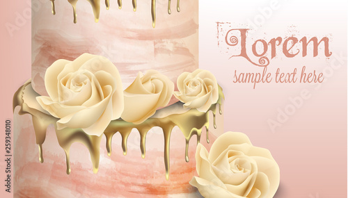 Vintage card invitation with cake decors. Grunge pastelate backgrounds