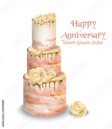 Pink wedding cake with flowers Vector watercolor. Vintage delicious white cake with decorations