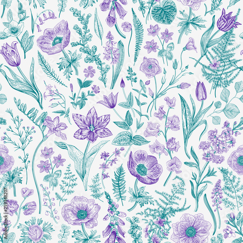 Spring magic. Seamless floral pattern. Violet and emerald. Vector vintage illustration.