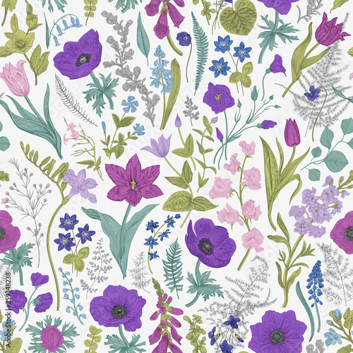 Spring magic. Seamless pattern. Blue and purple flowers. Vector vintage illustration.
