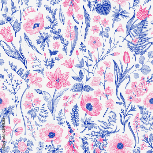 Spring magic. Seamless floral pattern. Blue and pink. Vector vintage illustration.