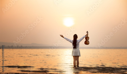 Beautiful girl playing violin with sunset background