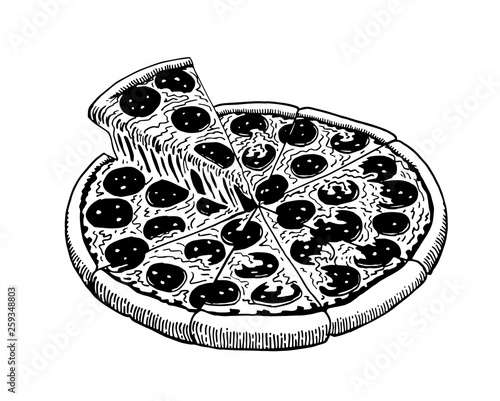 Graphical sketch of pizza with sausages isolated on white background, vector illustration,snack