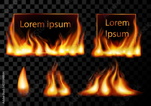 Realistic square light fire flame frame with firework sparkles, vector template illustration on black background.