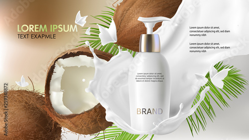 Cosmetic realistic vector background. White bottle with face cleansing gel falling in milk splash near cracked coconut with tropic green palm leaves. Mock up promo banner, natural cosmetics concept