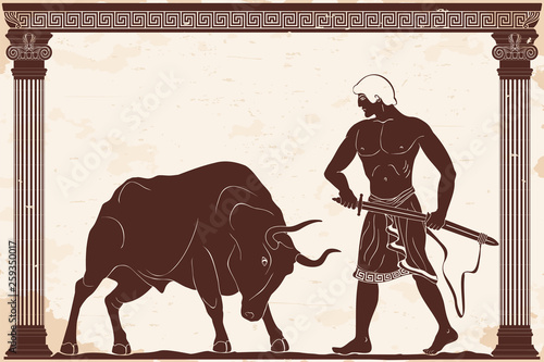 Ancient Greek warrior with a sword in his hands is ready to attack and a big bull with horns between two columns. Vector illustration isolated on beige background.