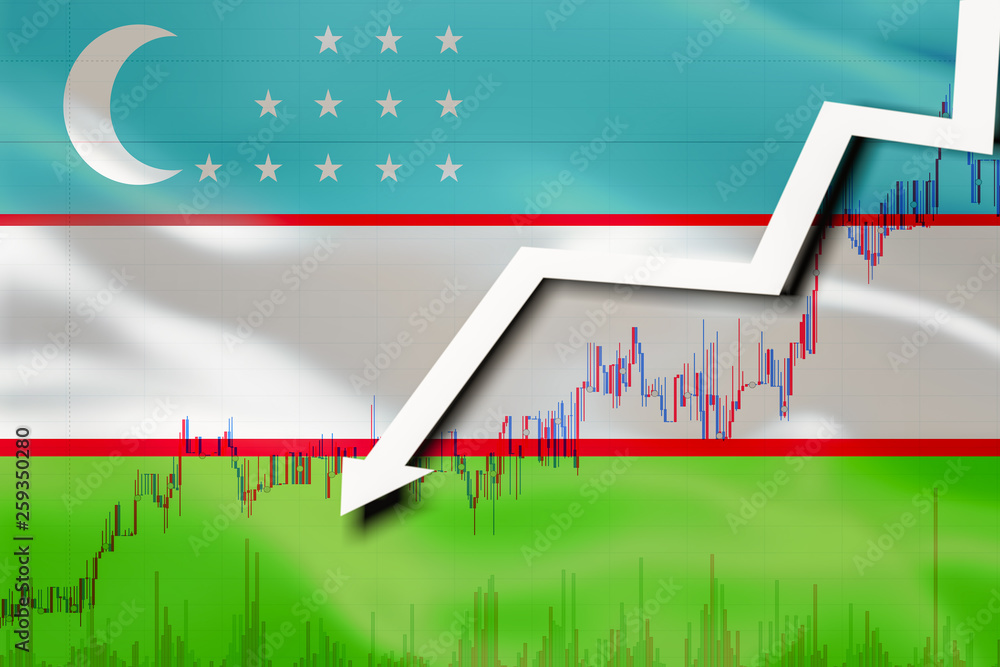 Φωτογραφία White arrow and stocks fall down on the background of the waving flag of Uzbekis