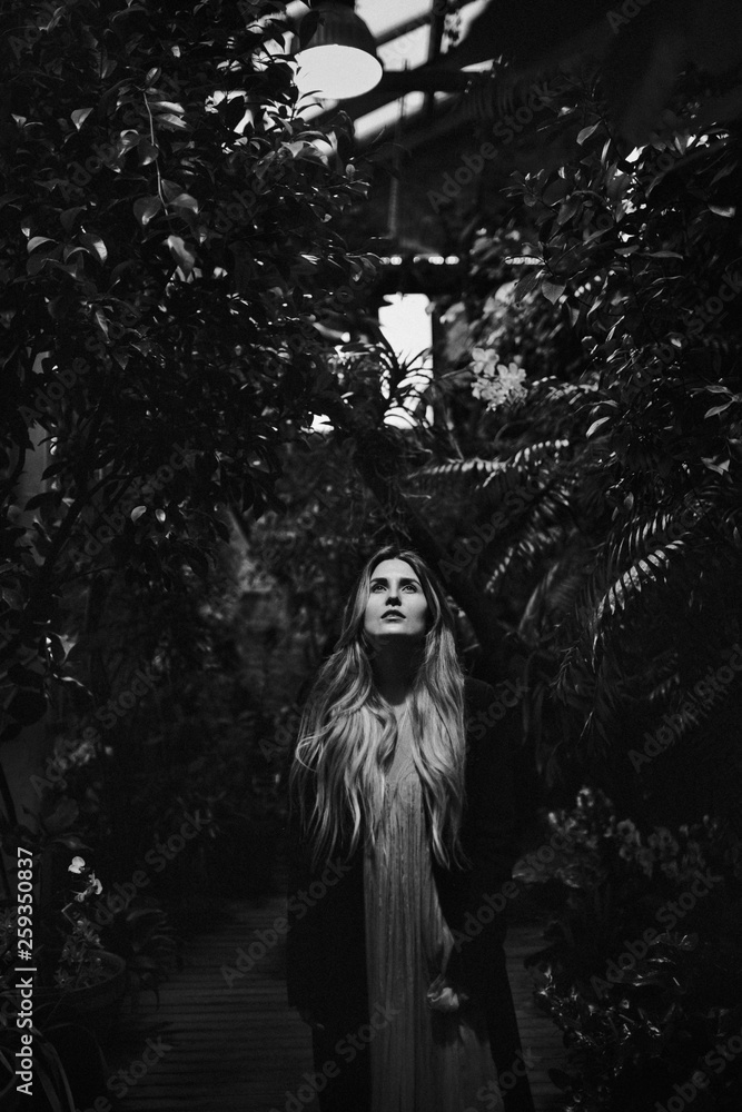 Black and white portrait of a young beautiful pregnant woman with long hair in a tropical forest Black and white portrait of a young beautiful pregnant woman with long hair in a tropical forest