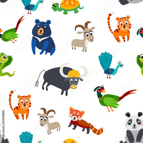 Wild Asia animals seamless pattern in flat style