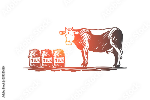 Cow, milk, cheese, farm, organic concept. Hand drawn isolated vector.