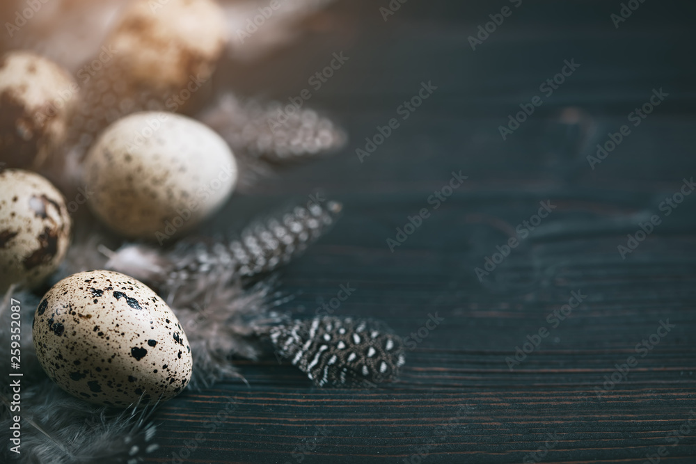 Quail eggs on old wooden background. Happy Easter. Top view. Free copy space. Selective focus. Quail eggs on old wooden background. Happy Easter. Top view. Free copy space. Selective focus.