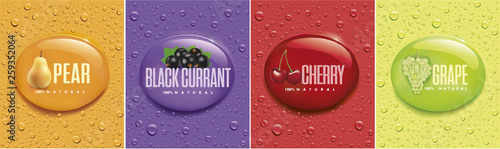 many fresh drops on different color backgrounds with pear, black currant, cherry, grape