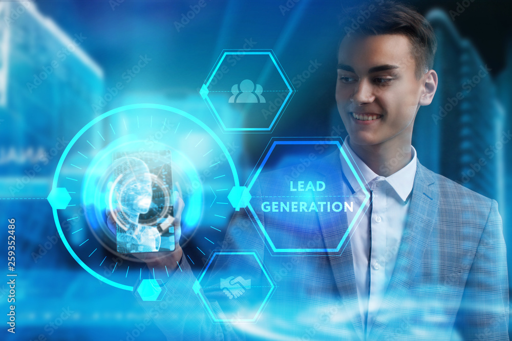 The concept of business, technology, the Internet and the network. A young entrepreneur working on a virtual screen of the future and sees the inscription: Lead generation The concept of business, technology, the Internet and the network. A young entrepreneur working on a virtual screen of the future and sees the inscription: Lead generation