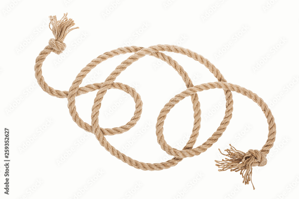 long jute rope with knots and curls isolated on white