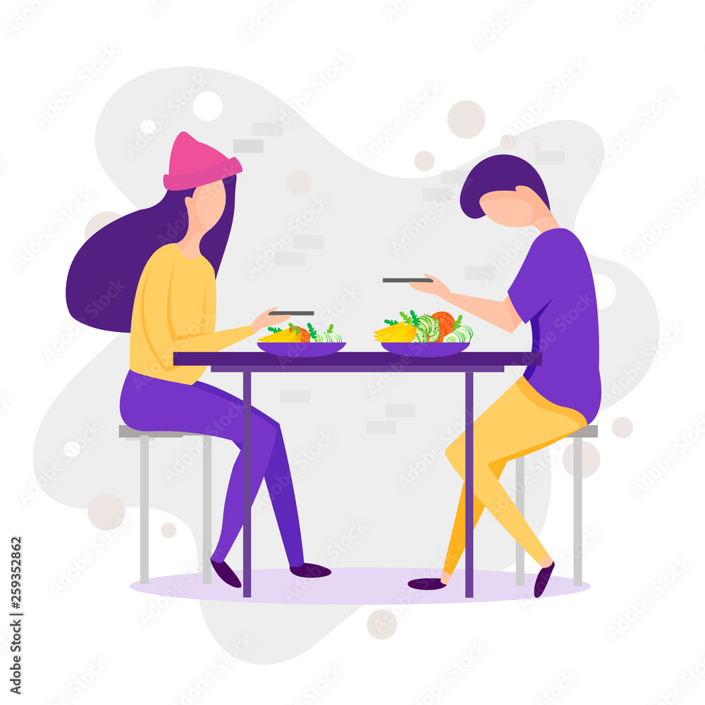 Dating. Vector cartoon funny illustration of couple. Man and woman eating healthy foot at the nature landscape. Romantic millennials couple in restaurant on a date. Love between two people.