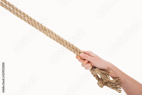 cropped view of woman holding jute ropes isolated on white