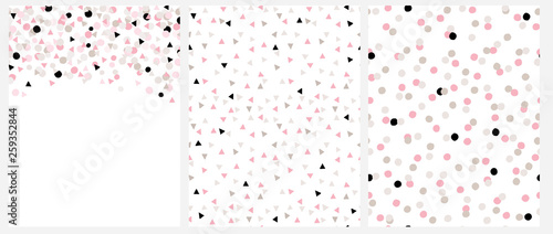 Set of 3 Varius Abstract Geometric Vector Layouts. Pink, Beige, Gray and Black Confetti Rain on a White Background. Tiny Colorful Triangles Vector Pattern. Multicolored Dots Repeatable Design.