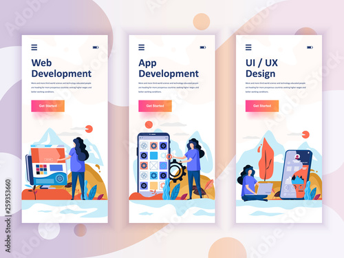 Set of onboarding screens user interface kit for Web and App Development, UI Design, mobile app templates concept. Modern UX, UI screen for mobile or responsive web site. Vector illustration.