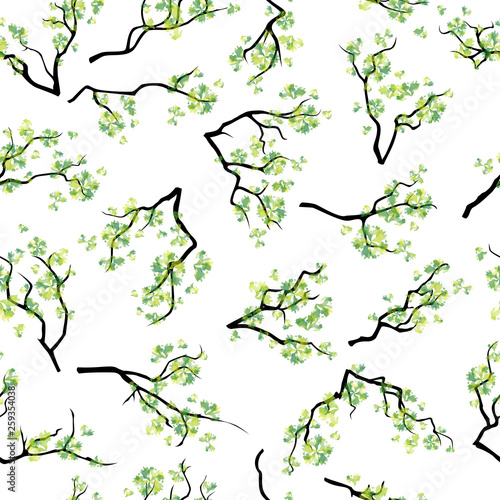 Seamless pattern with branches of green plant tree isolated on white background. Abstract twigs. Watercolor imitation. Vector, EPS 10