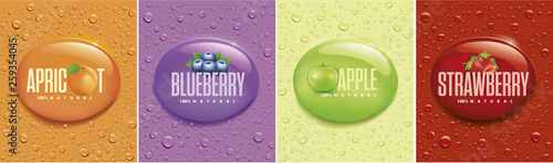 many fresh drops on different color backgrounds with apricot, apple, blueberry, strawberry