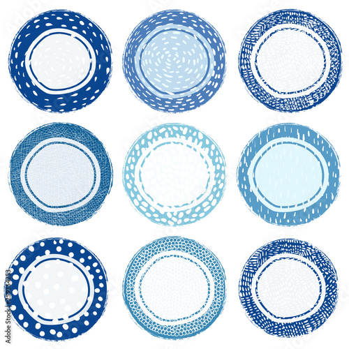 Blue and white hand drawn vector doodle labels with artistic look for product packaging ahd graphic design photo
