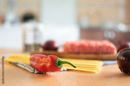 Preparation of Italian food / Spaghetti bolognese / ingredients