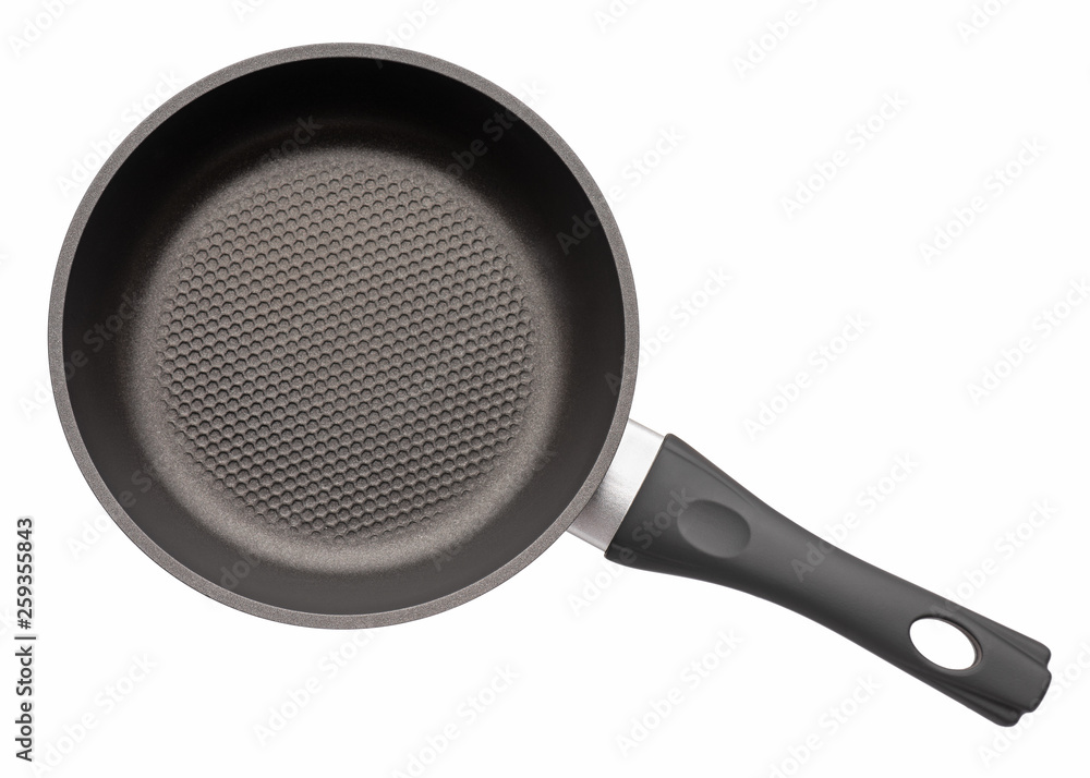 Top view - simple new empty Non-stick Frying Pan with black handle, isolated on white background. Top view - simple new empty Non-stick Frying Pan with black handle, isolated on white background.
