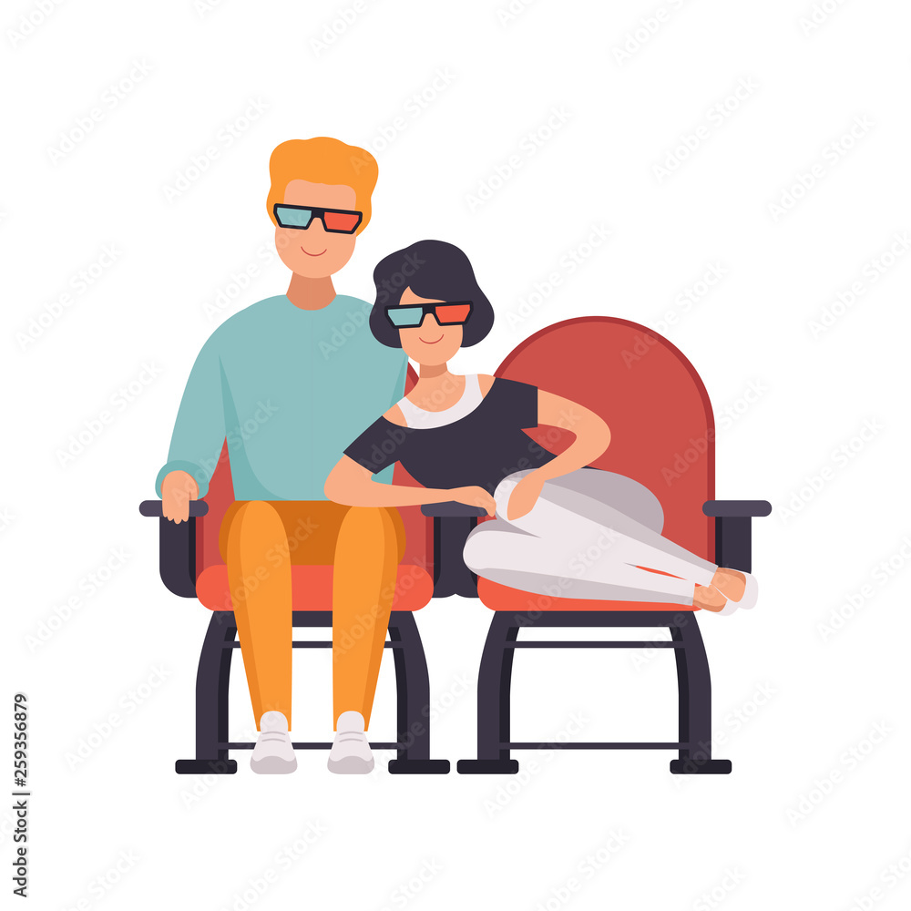 ouple sitting in cinema theatre and watching movie, man and woman on movie date vector Illustration on a white background ouple sitting in cinema theatre and watching movie, man and woman on movie date vector Illustration on a white background