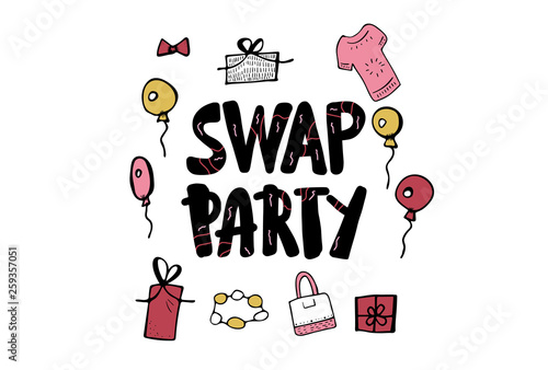 Swap party hanwritten lettering set. Vector text. 