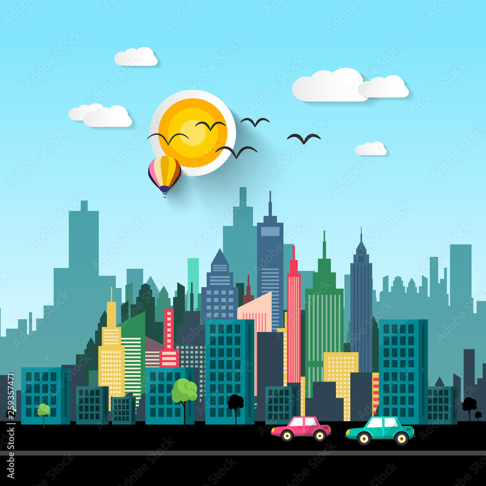 Obraz premium Vector City Life Flat Design Illustration with Cars on Street and Skyscrapers Skyline on Background