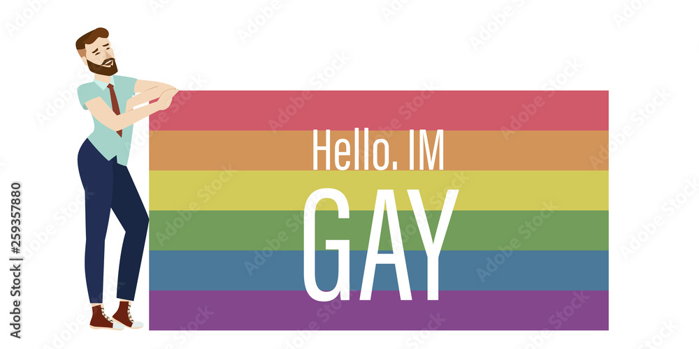 Hello, I'm gay. Open homosexuality. Coming out. Young character introducing himself on LGBT flag Hello, I'm gay. Open homosexuality. Coming out. Young character introducing himself on LGBT flag