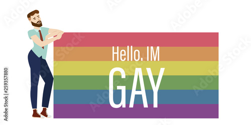 Hello, I'm gay. Open homosexuality. Coming out. Young character introducing himself on LGBT flag