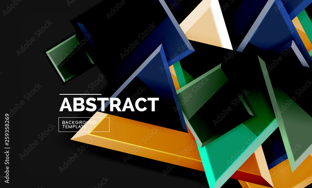 Glossy mosaic style geometric shapes - squares and triangles on black