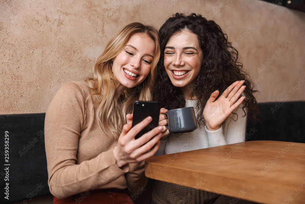 Emotional shocked girls friends sitting in cafe using mobile phone. Emotional shocked girls friends sitting in cafe using mobile phone.
