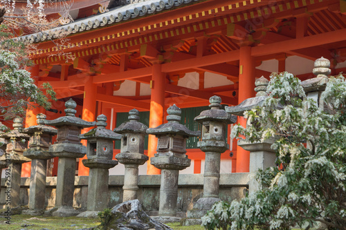 Kasuga-Taisha temple, torii, cherry blossoms and stone lanterns in Nara in Japan