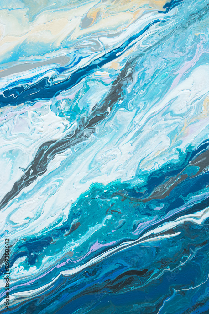 Abstraction painting in blue colors painted with liquid acrylic as a background.