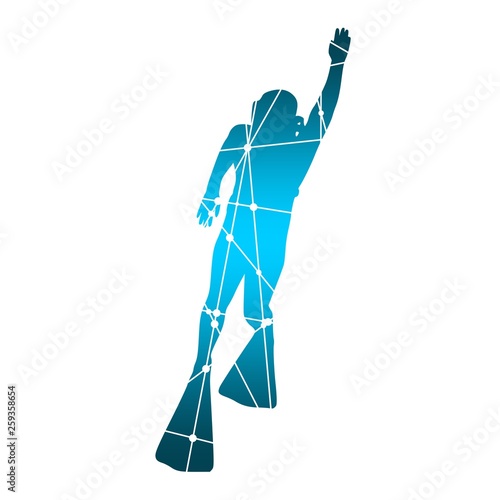 Silhouette of diver. Icon diver. The concept of sport diving. Textured by connected lines with dots.