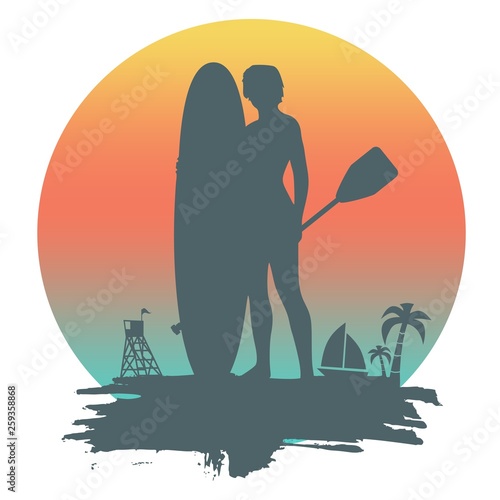 Woman posing with surfboard and paddle on grunge brush stroke. Vintage surfing graphic and emblem for web design or print. Palm and lifeguard tower on backdrop. Stand up paddle boarding