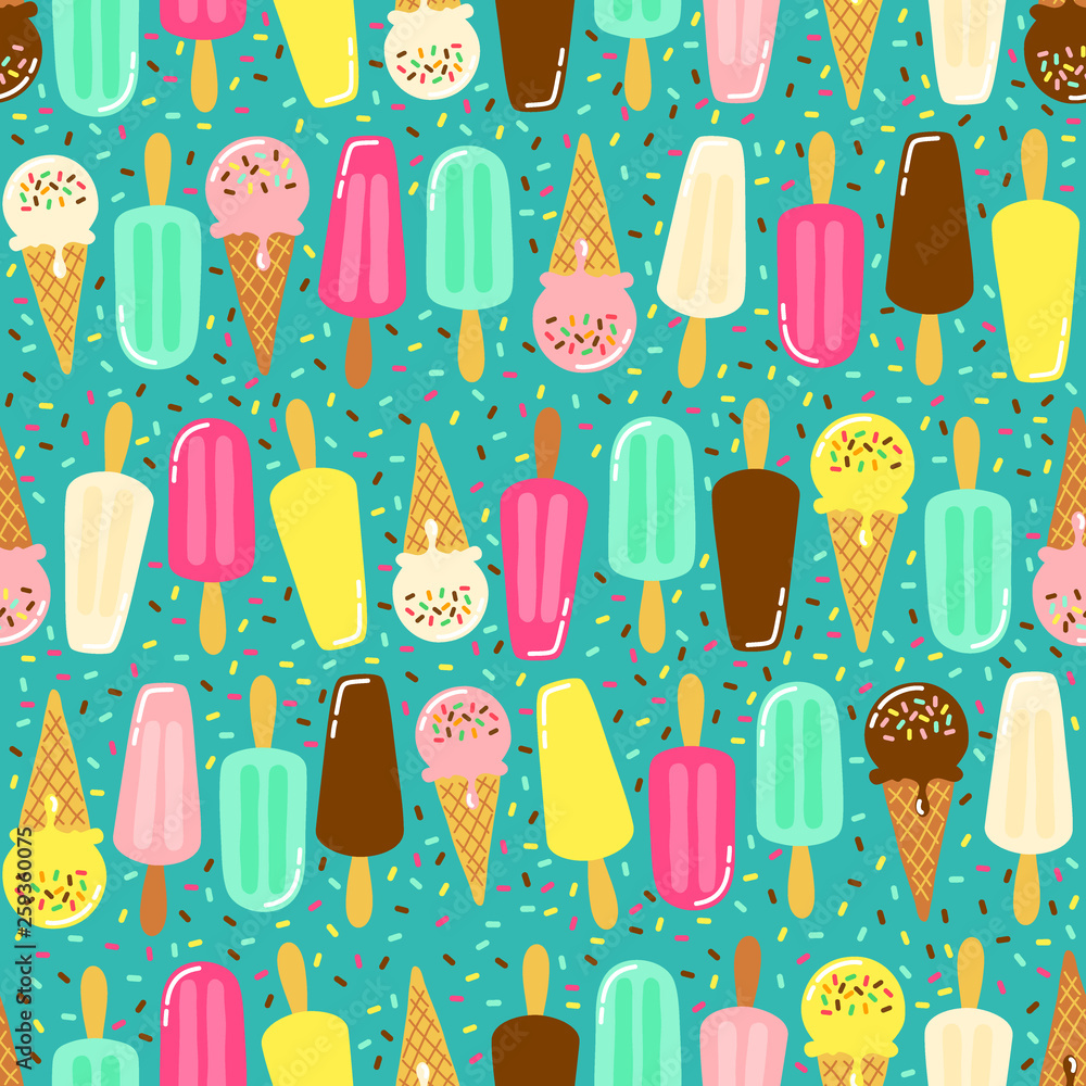Cute Ice Cream collection seamless pattern in vivid tasty colors ideal for wrapping paper, package etc Cute Ice Cream collection seamless pattern in vivid tasty colors ideal for wrapping paper, package etc