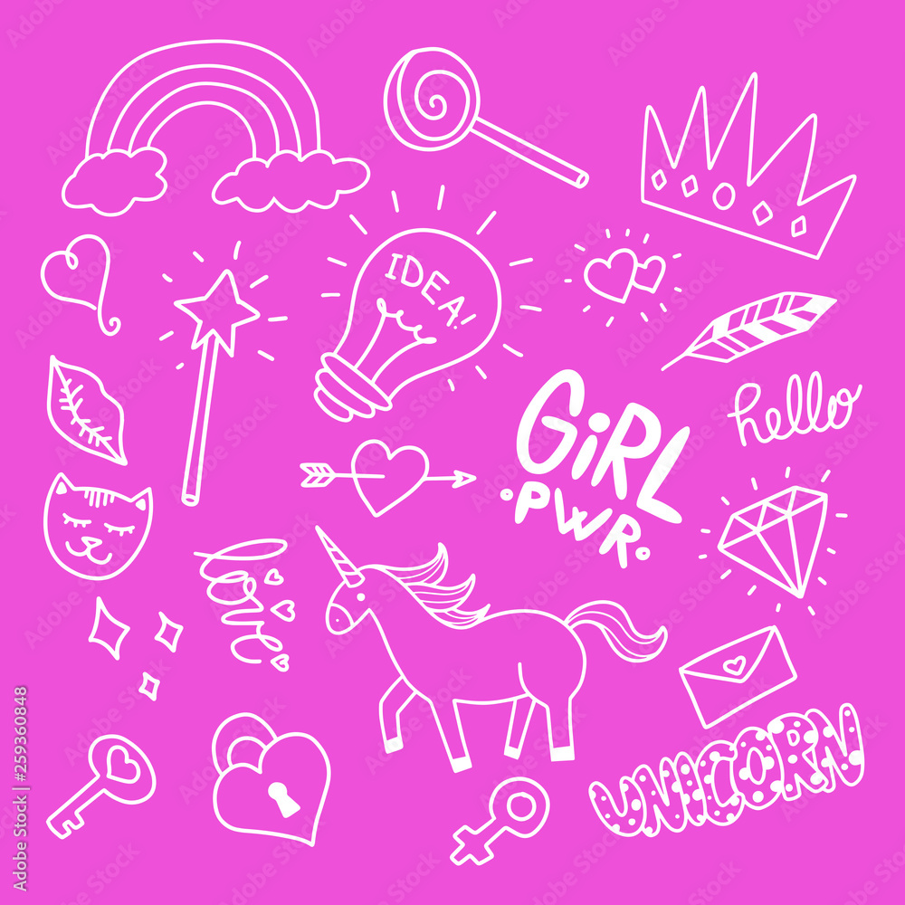 Vector illustration of Cute girly doodles set drawn by hand Stock ...
