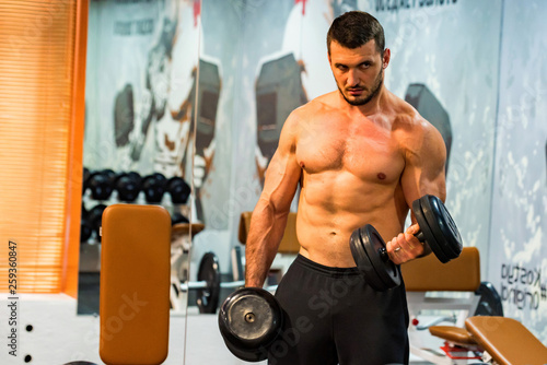 Male athlete doing biceps exercise with dumbbells